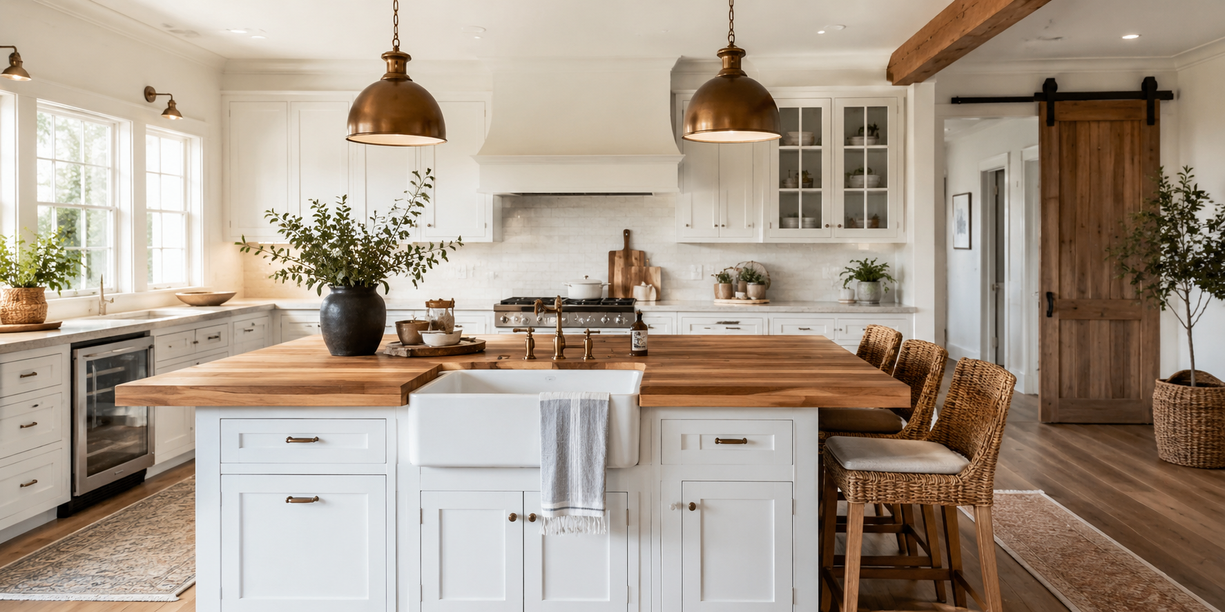 A farmhouse kitchen island with a white apron sink, butcher-block countertop, wicker bar stools, and bronze lighting fixtures