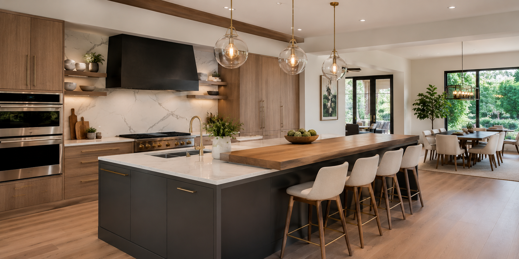 A two-level kitchen island with a stone prep area and an elevated wood bar counter, integrated sink, and pendant lights.