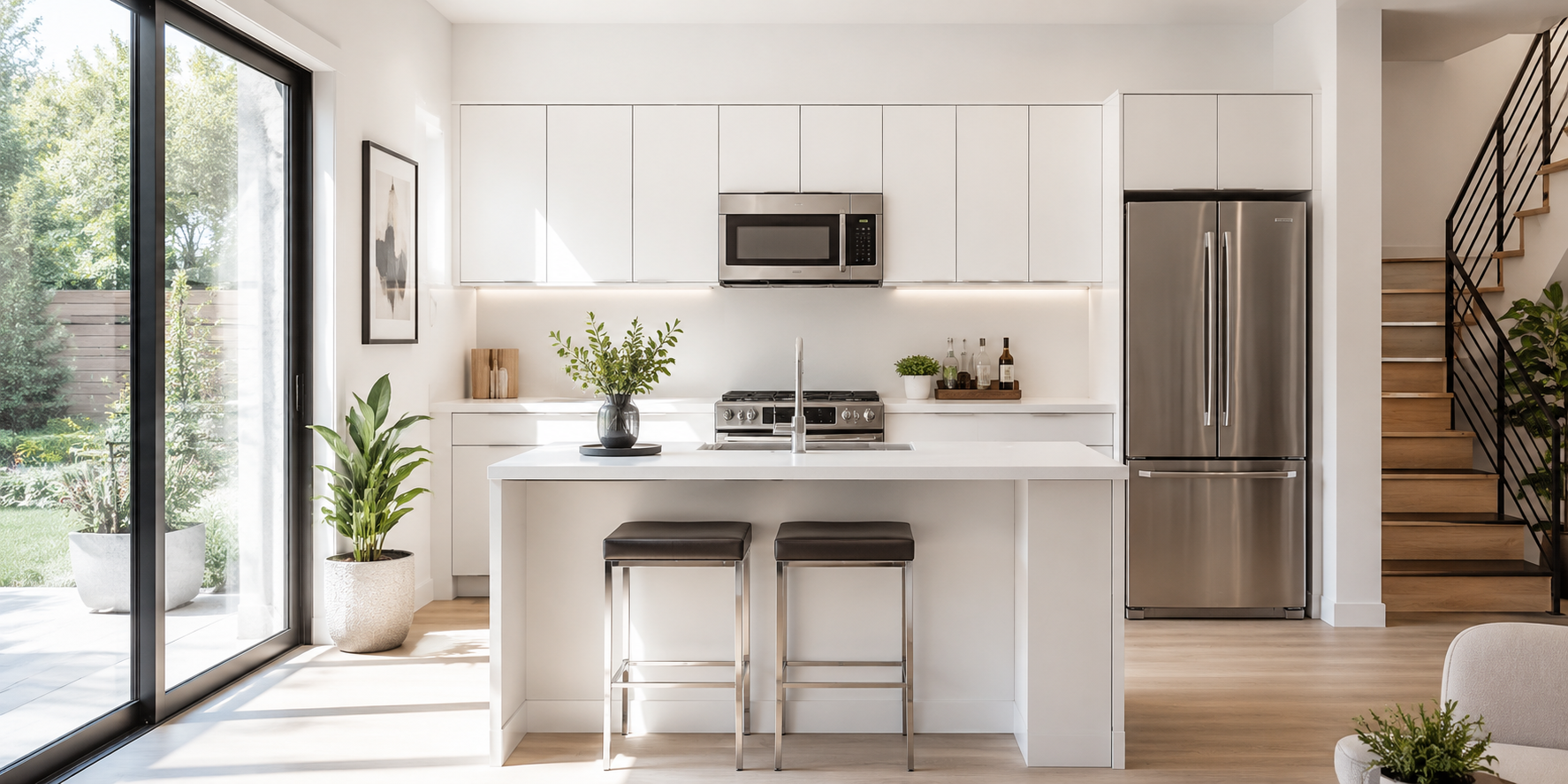 A small modern kitchen with a slim island, a small sink, and two stools tucked neatly underneath. White and chrome finishes