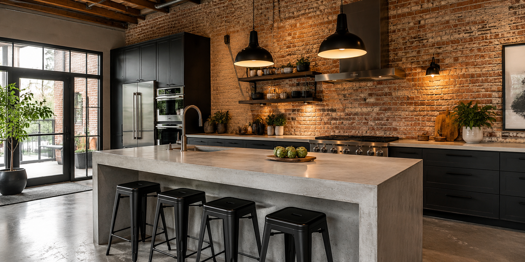 An industrial kitchen with a concrete island, stainless sink, black metal stools, and a brick wall background. Warm lighting