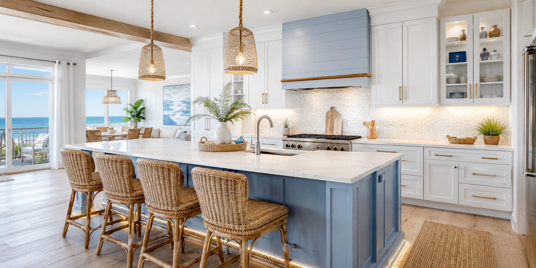 A coastal kitchen with a light blue island, quartz countertop, integrated sink, wicker stools, and rope lighting. Airy seaside vibe