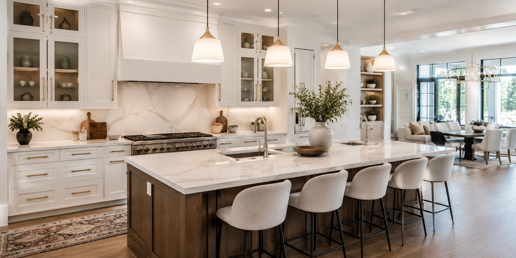 A luxurious kitchen island with a white marble top, a brass faucet, high-end upholstered stools, soft lighting, and subtle reflections.