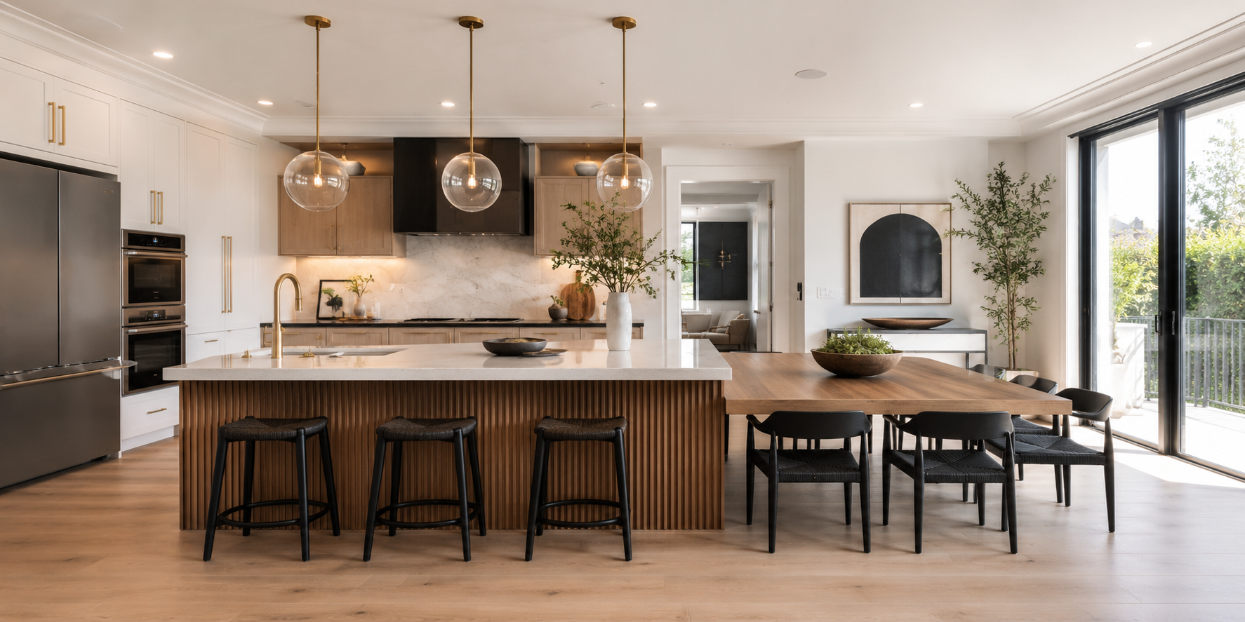 A kitchen island extended into a dining table with chairs, an integrated sink at one end, and pendant lighting above.