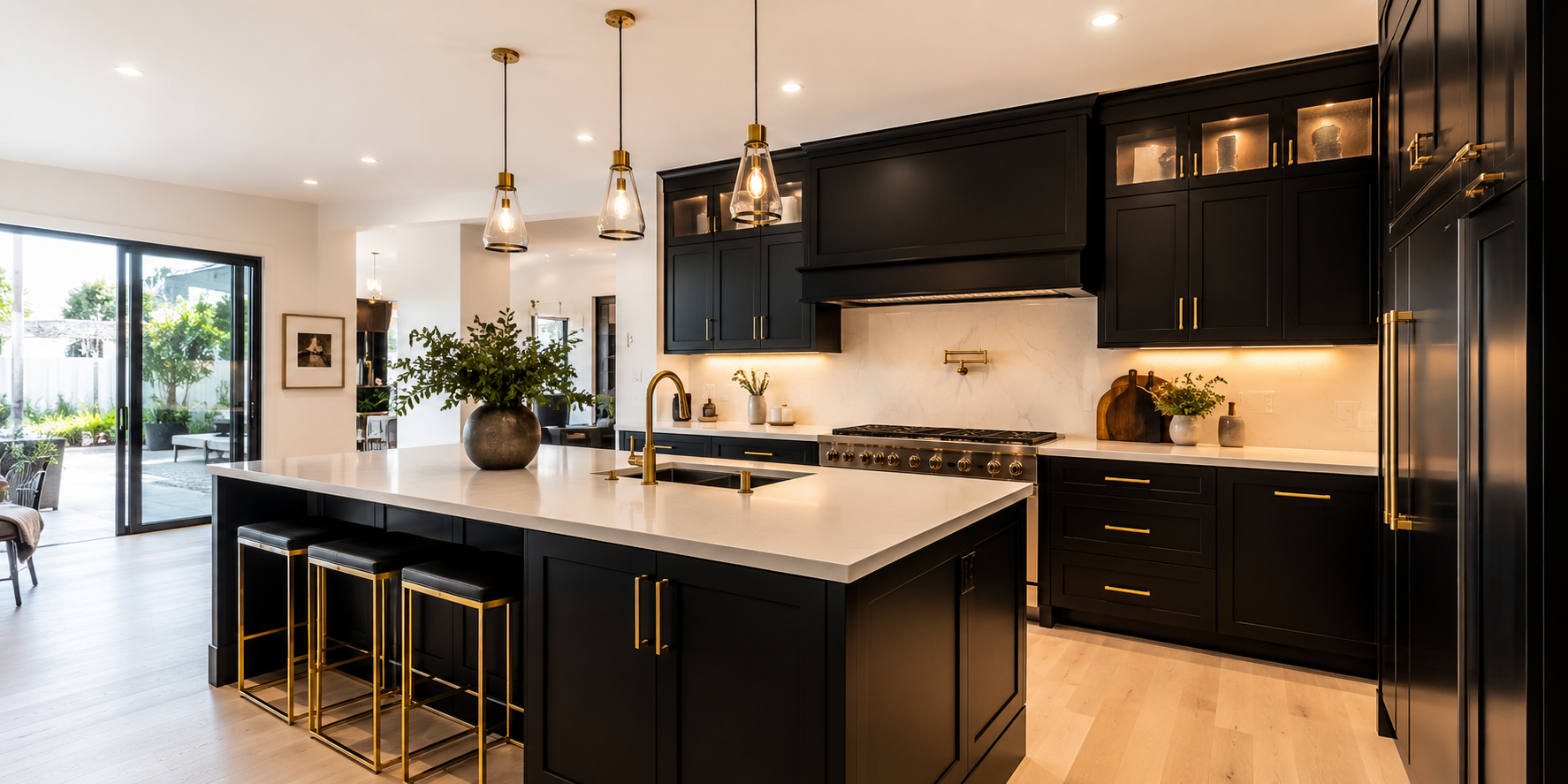 A contemporary kitchen with matte black island, integrated sink, gold hardware, and white countertops, with warm ambient lighting