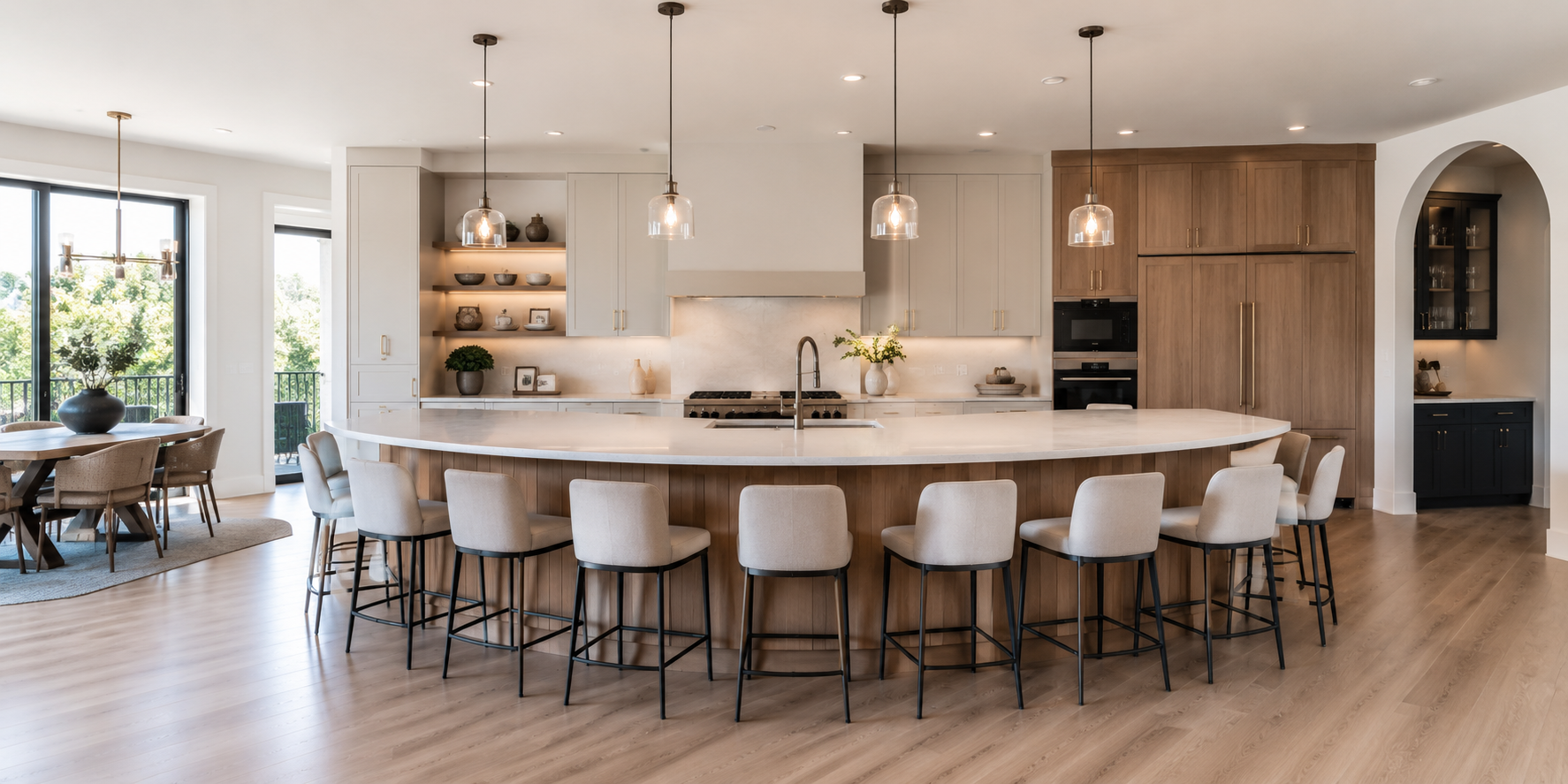 A curved kitchen island with sink at the center, wraparound seating, pendant lighting, and modern finishes