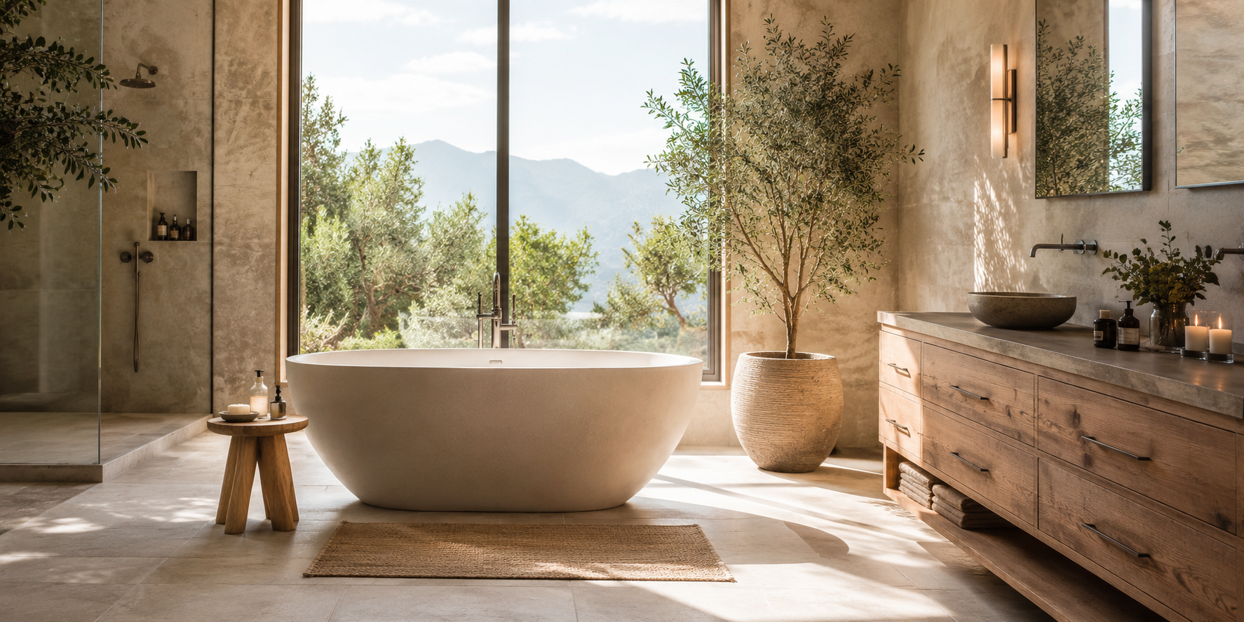 Spa bathroom with wood vanity, stone tiles, bamboo accents, and pebble flooring under soft natural light.