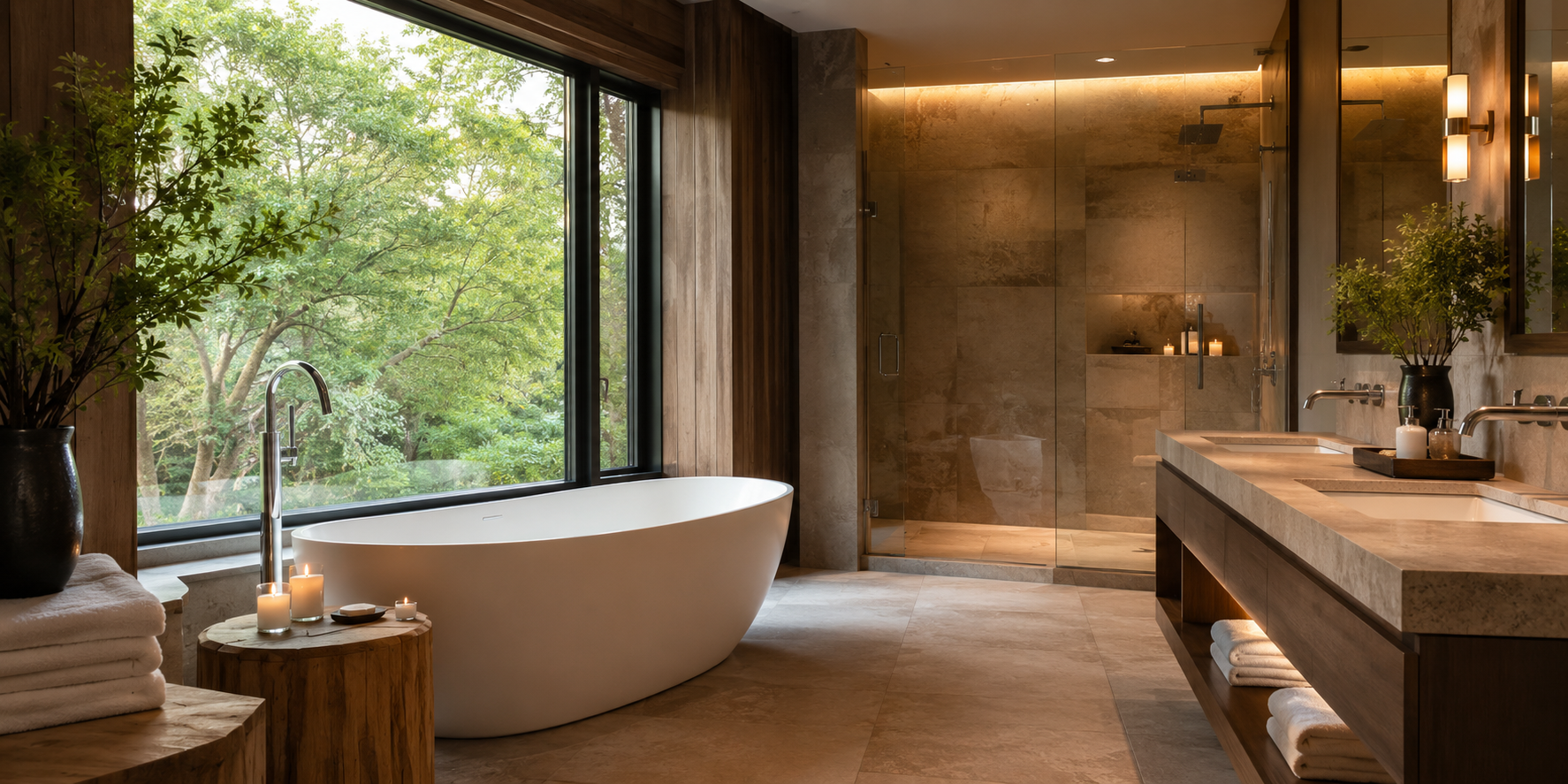 Freestanding tub beside a large window, candles and towels nearby, surrounded by wood and stone finishes.