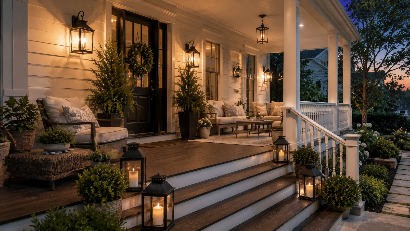 A timeless front porch with wide wooden steps, soft neutral furniture, potted greenery, and lanterns glowing at twilight—inviting, balanced, and elegant year-round