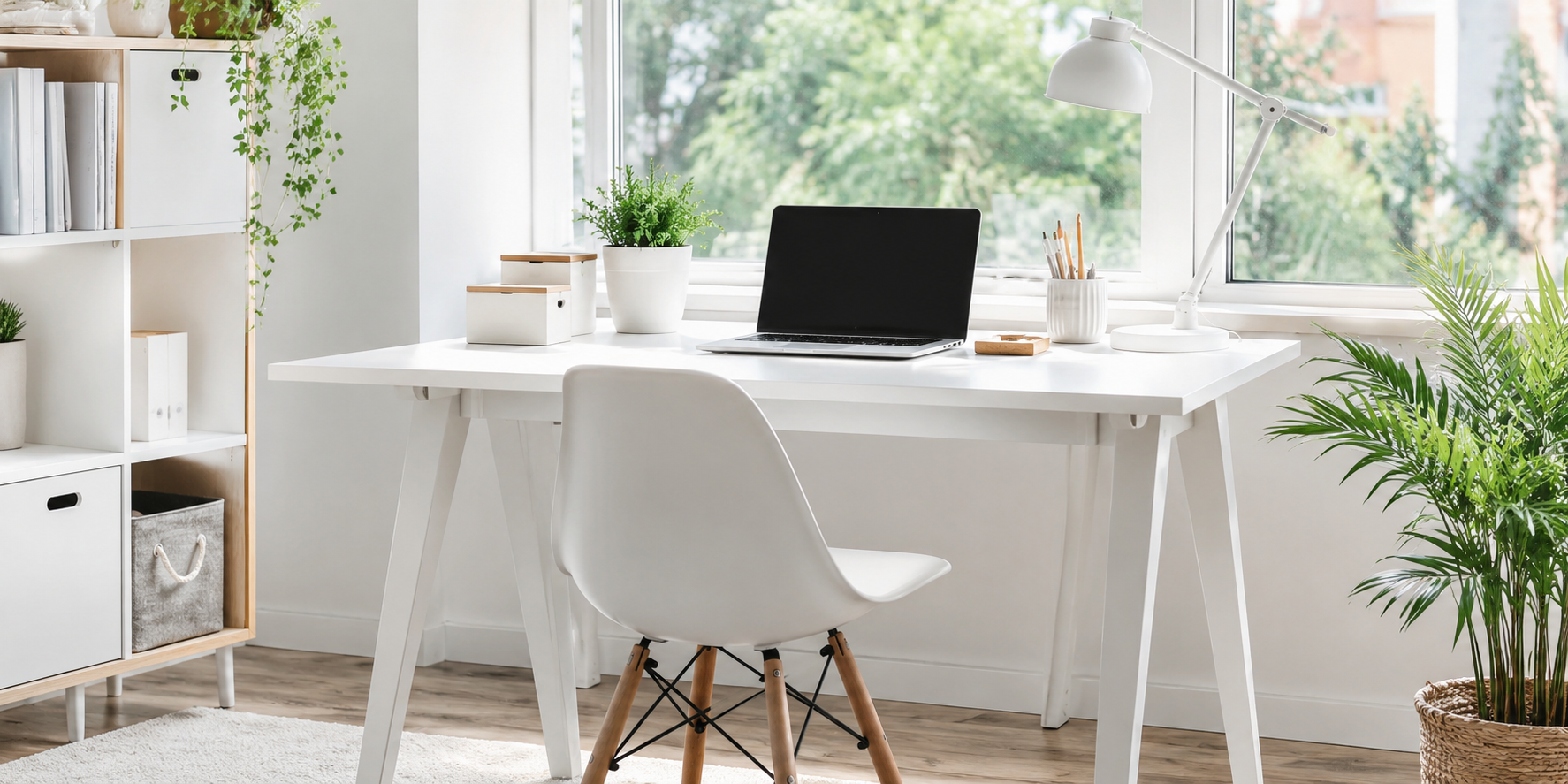 Minimalist white desk setup near window, clean lines, modern chair