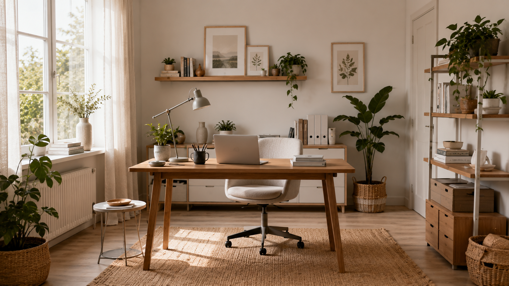 Scandinavian-style home office with wooden desk, neutral tones, plants, and soft diffused lighting.