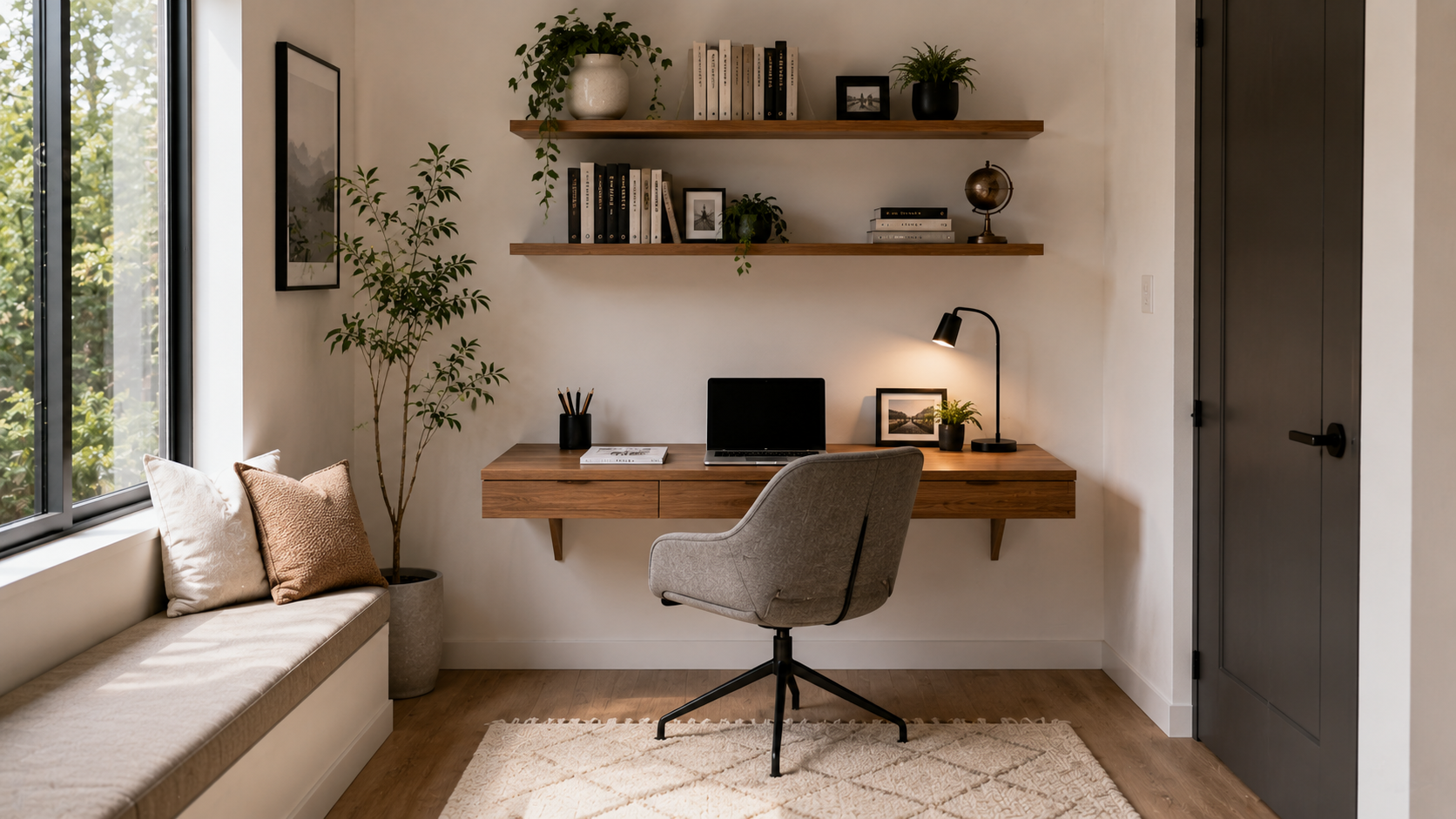 Compact workspace with floating wall-mounted desk, minimal shelving, and clean modern décor.