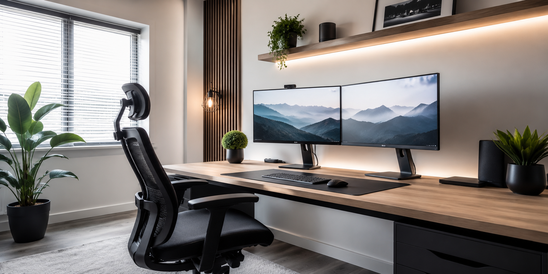 Modern workspace with dual monitors, ergonomic chair, LED lighting, and minimal décor in neutral tones.