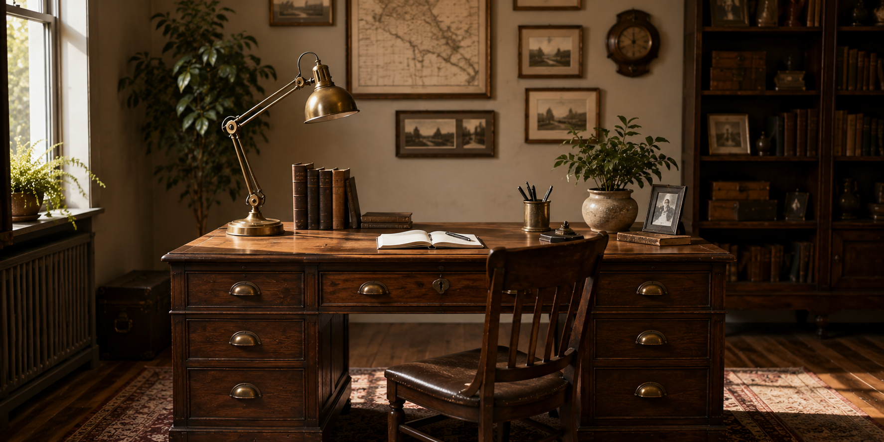 Vintage wooden writing desk with antique brass lamp, books, and soft, warm lighting.