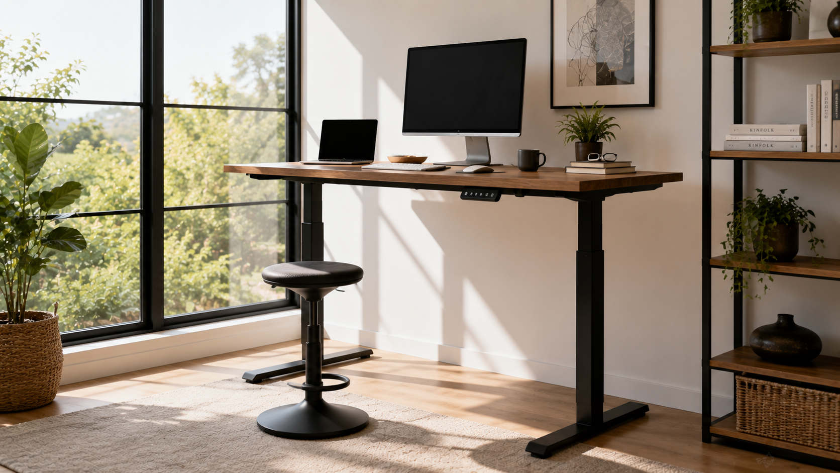 Modern standing desk with wood top, metal legs, ergonomic stool, and natural light-filled office.
