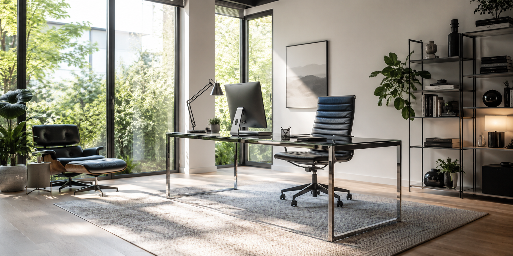 Contemporary glass-top desk with metal frame, leather chair, and soft daylight reflection.