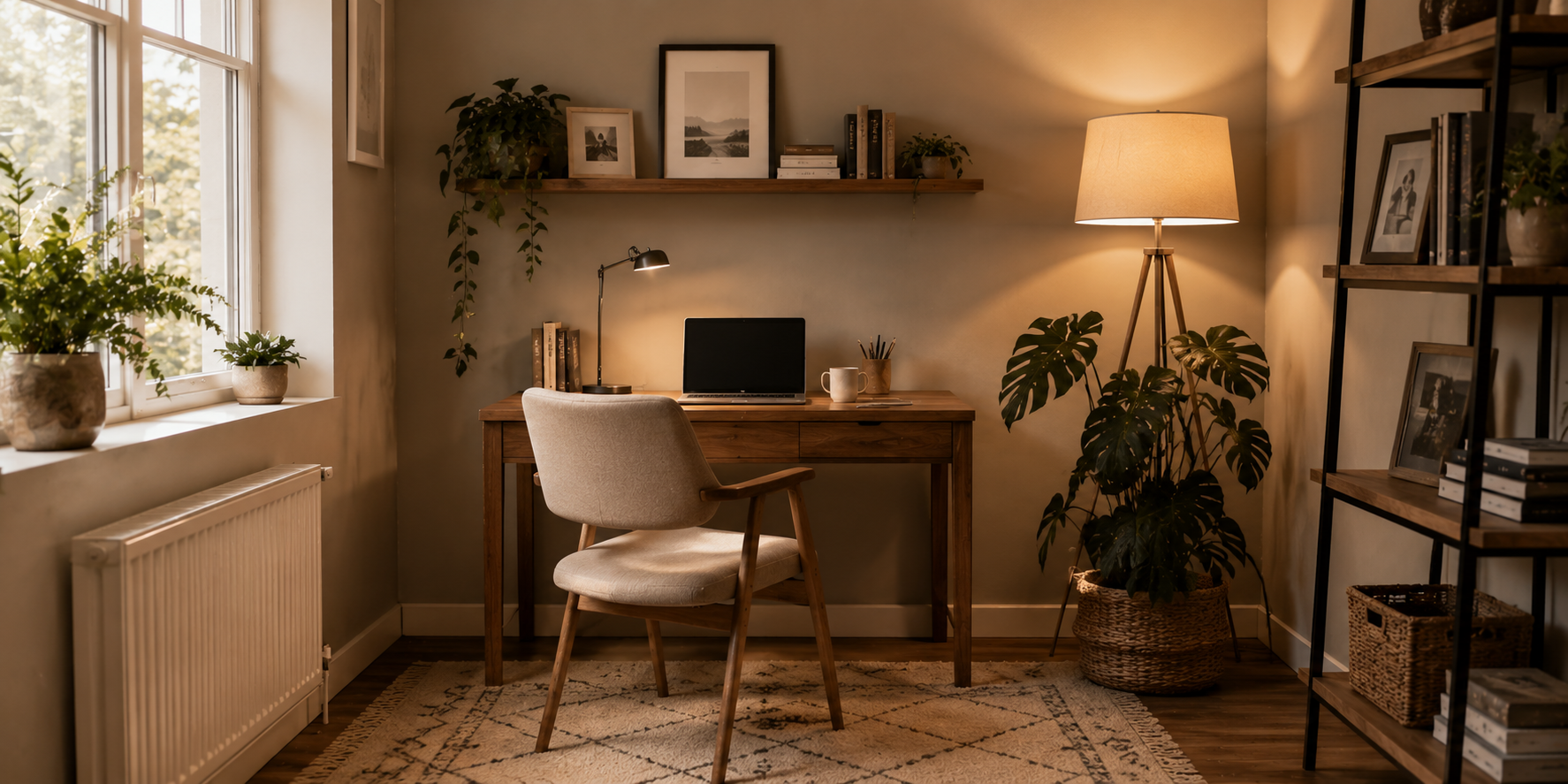 Cozy corner home office with compact wooden desk, textured rug, and warm lighting.