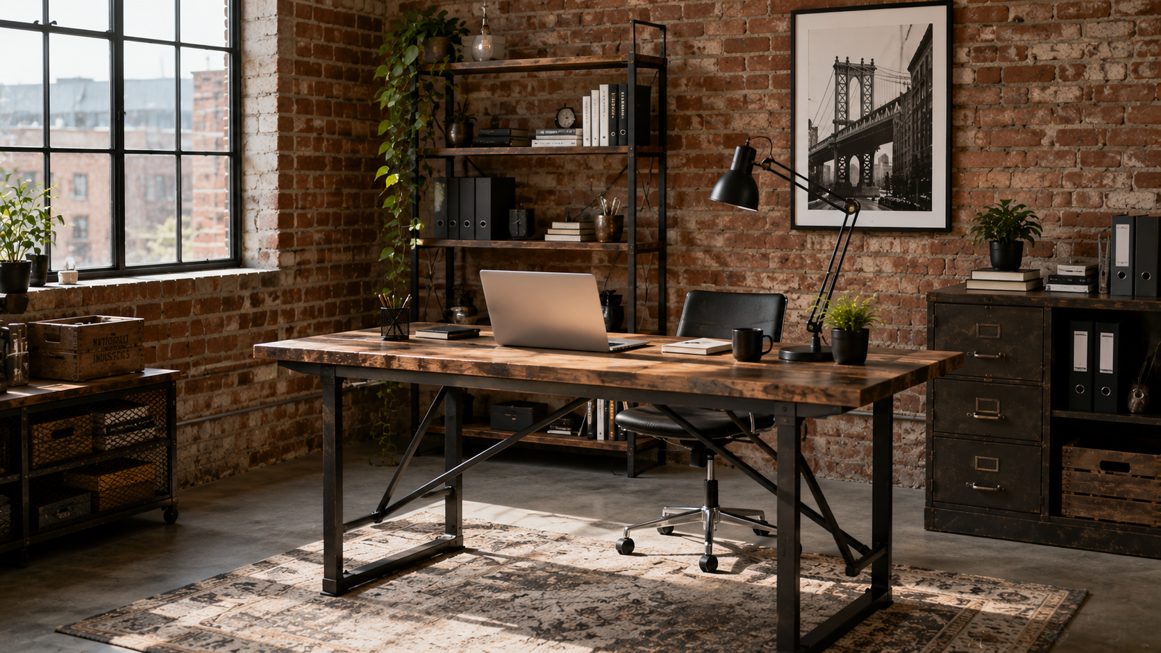 Industrial workspace with metal-framed desk, reclaimed wood surface, and exposed brick backdrop.