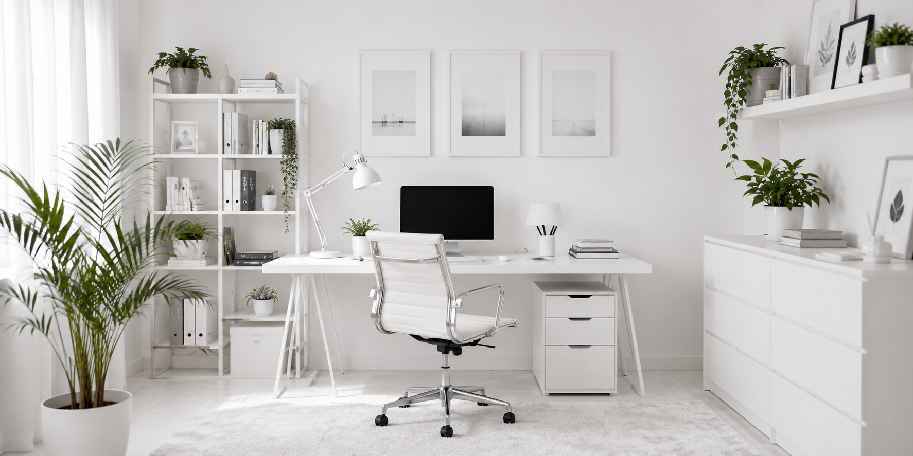 All-white workspace with monochrome décor, sleek modern chair, and soft lighting.