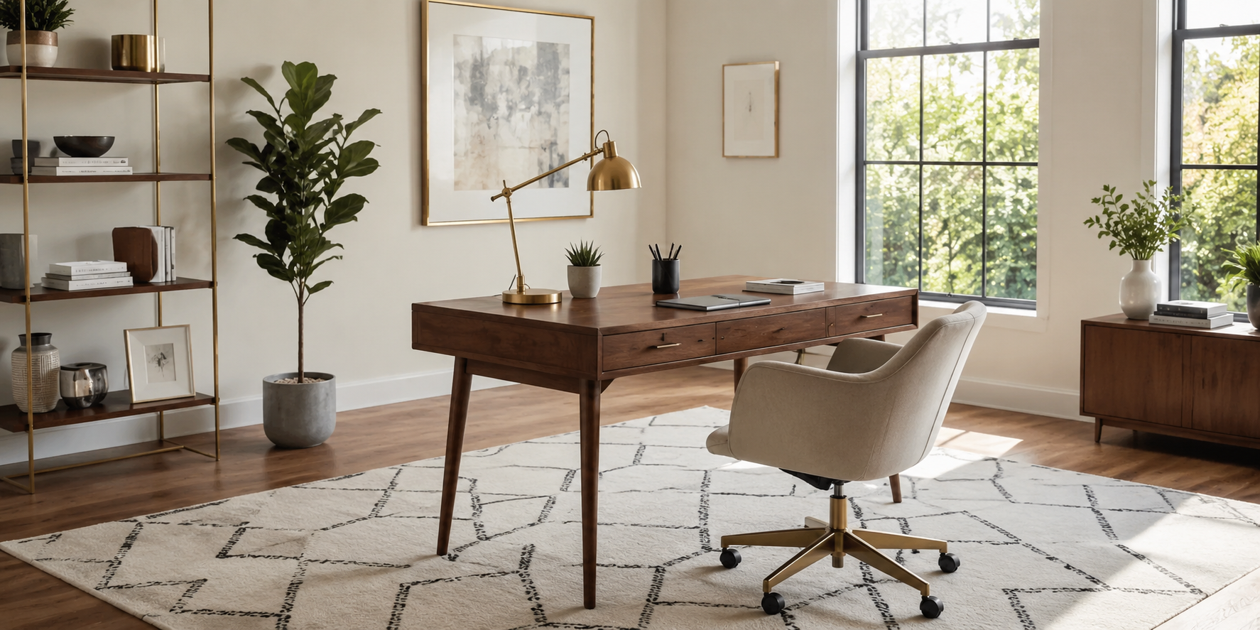Mid-century modern desk with walnut finish, brass lamp, and geometric rug in airy home office.