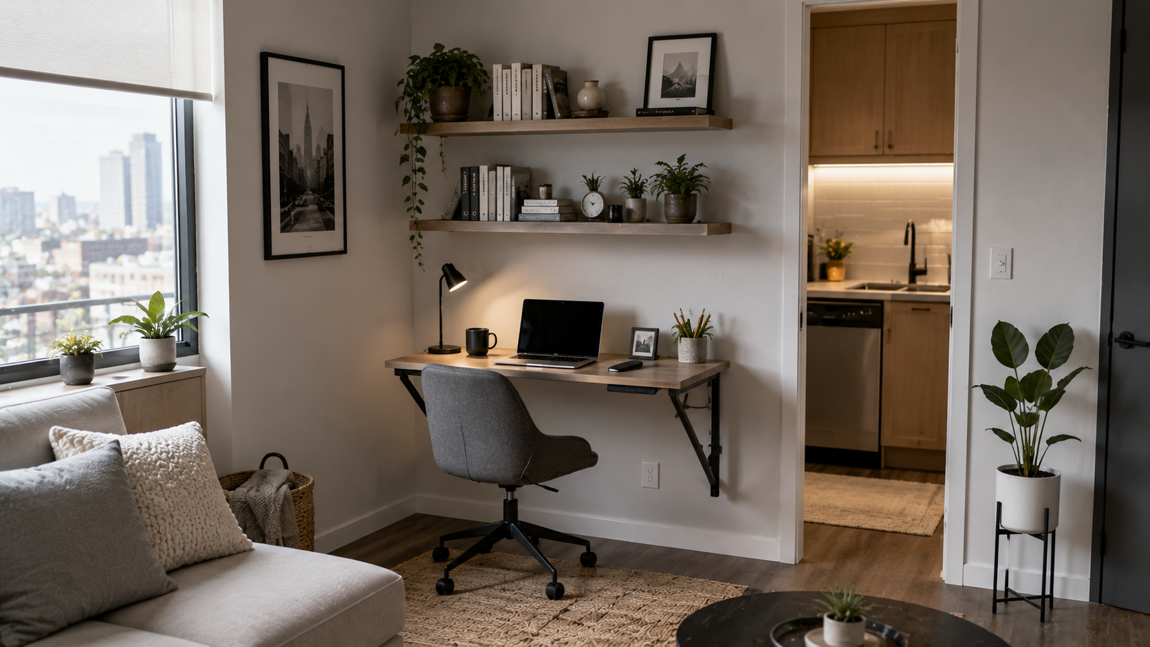 Small apartment home office with compact foldable desk, floating shelves, and neutral décor.