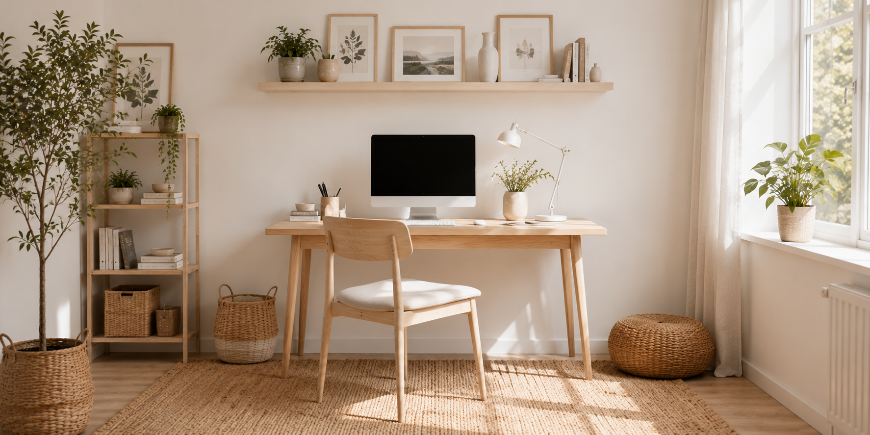 Nordic-style workspace with light wood desk, minimal décor, and natural window light.