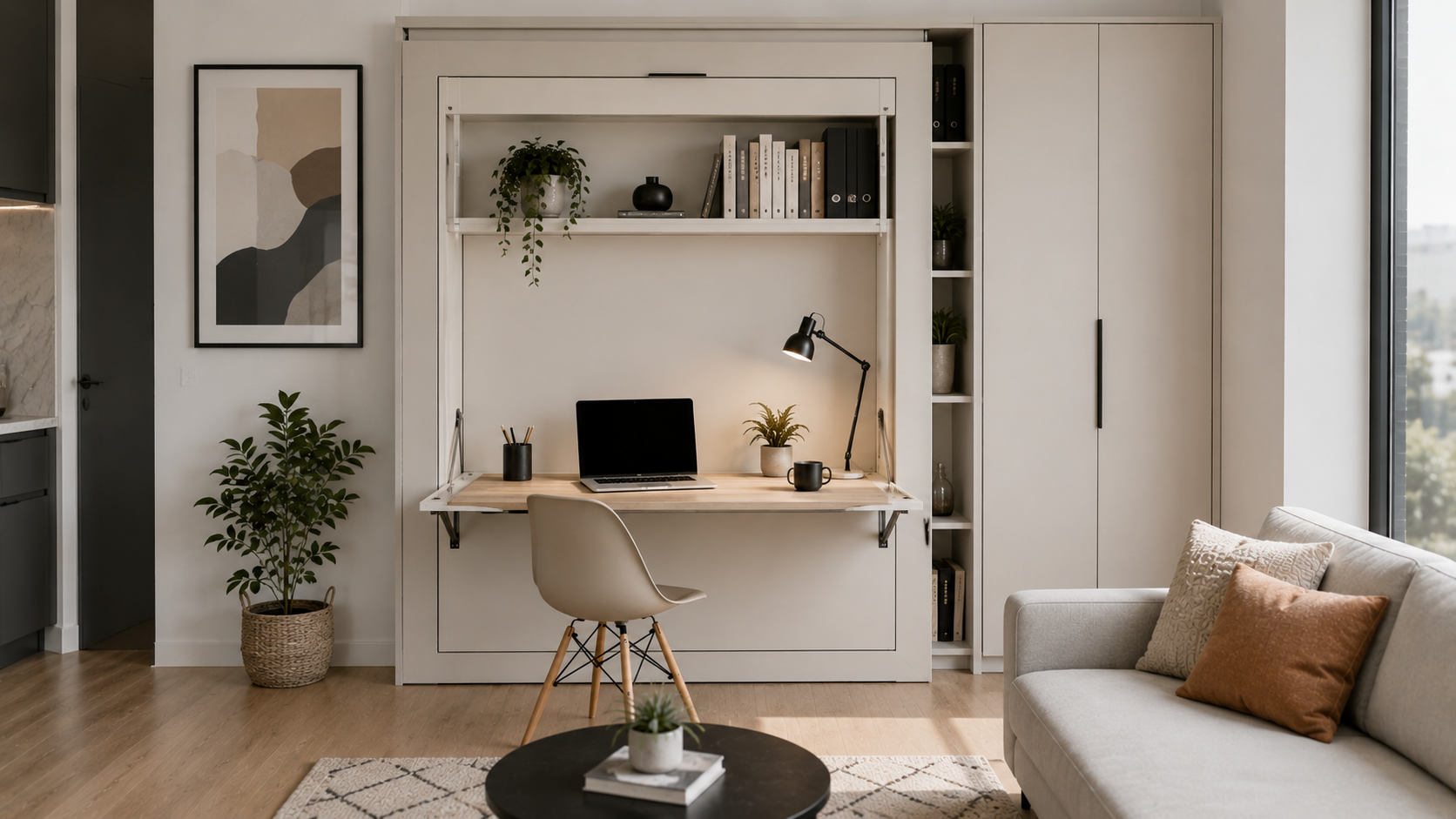 Convertible desk setup with folding surface, minimal décor, and dual-use living space.