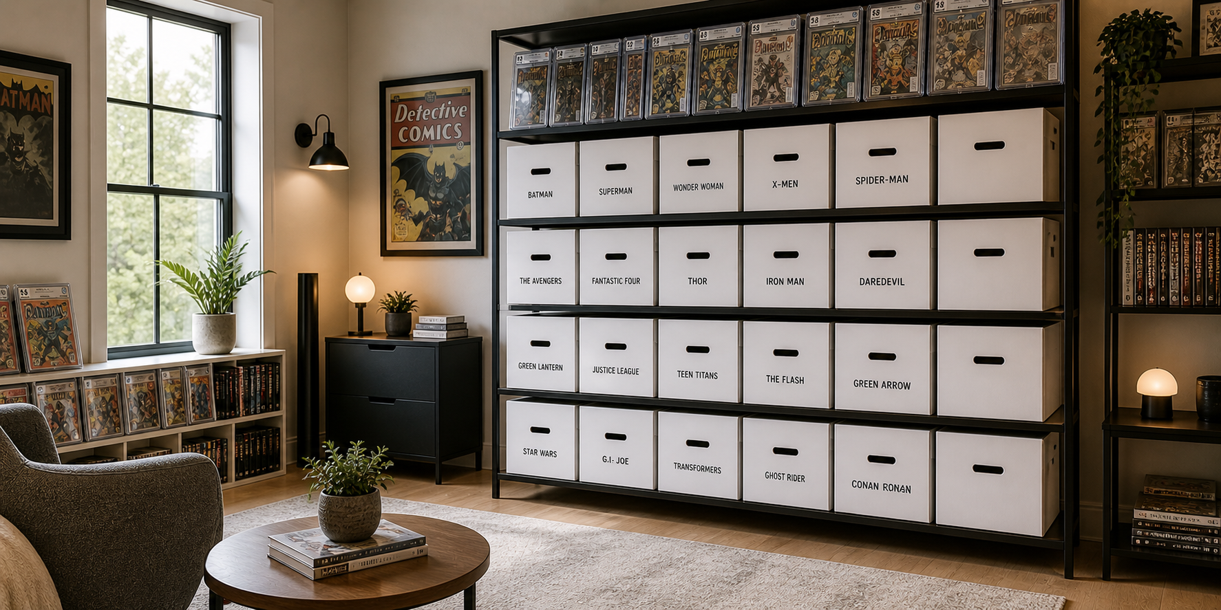 Neatly stacked archival comic book boxes labeled by series, white acid-free material, modern collector room with organized shelving and soft lighting.