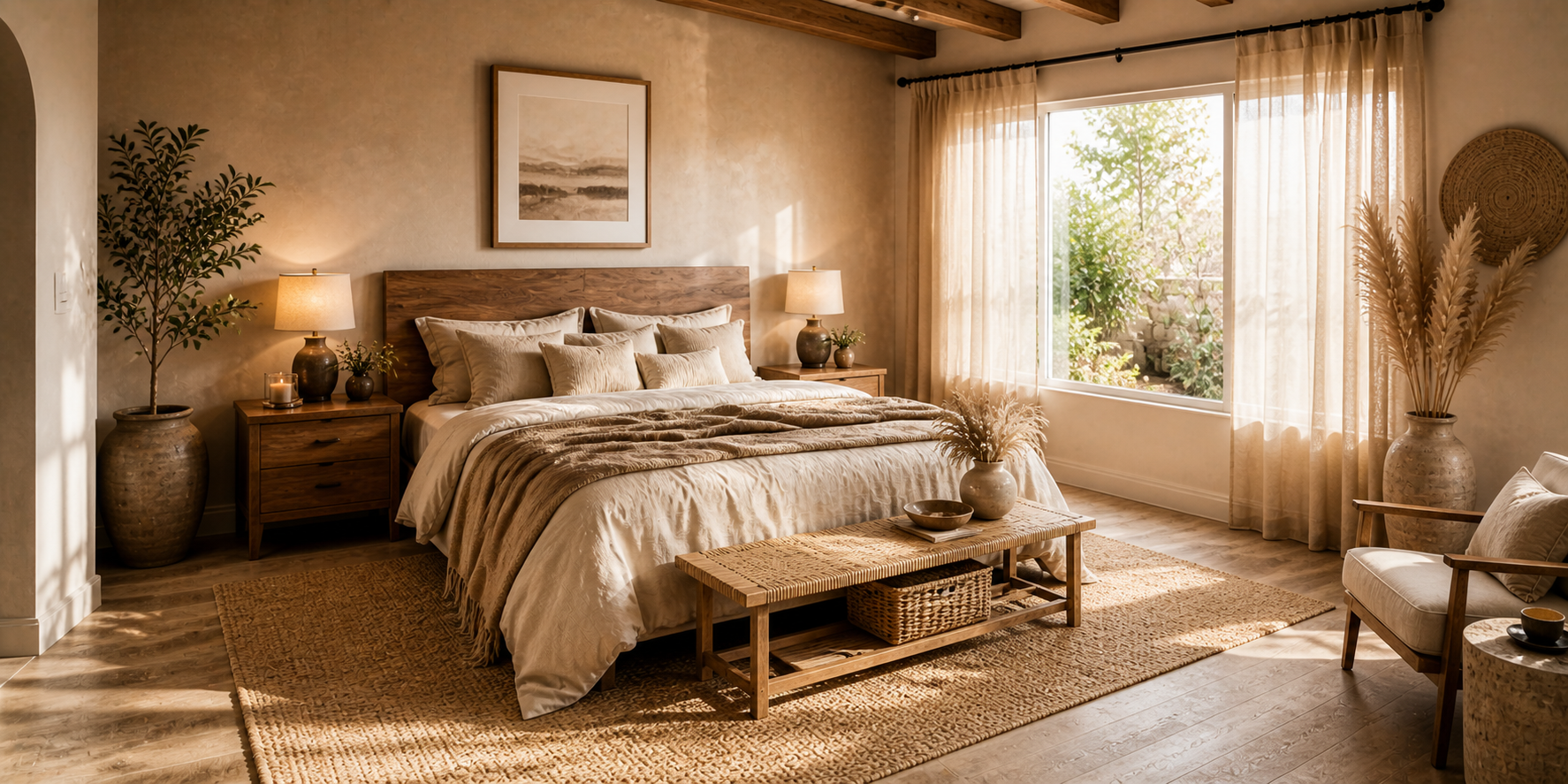 Neutral bedroom in warm earthy tones with linen bedding, wooden headboard, woven rug, pampas grass, and natural sunlight through sheer curtains.
