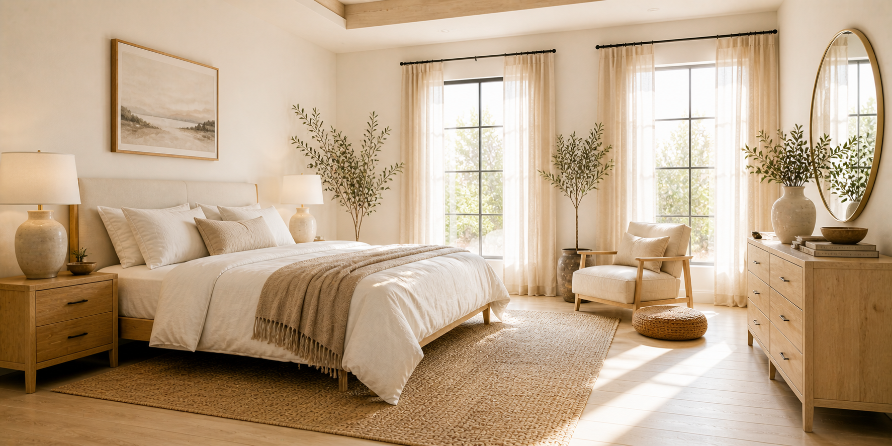 Bright neutral bedroom with off-white walls, pale wood floors, and linen curtains in soft sunlight
