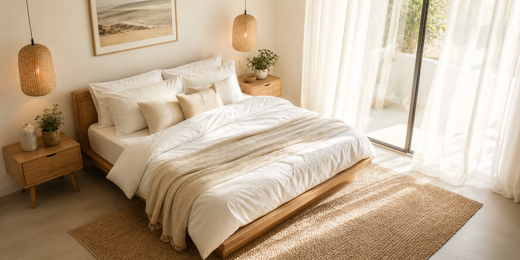 White and cream bedding on a wooden bed frame with soft morning light filtering through sheer curtains.