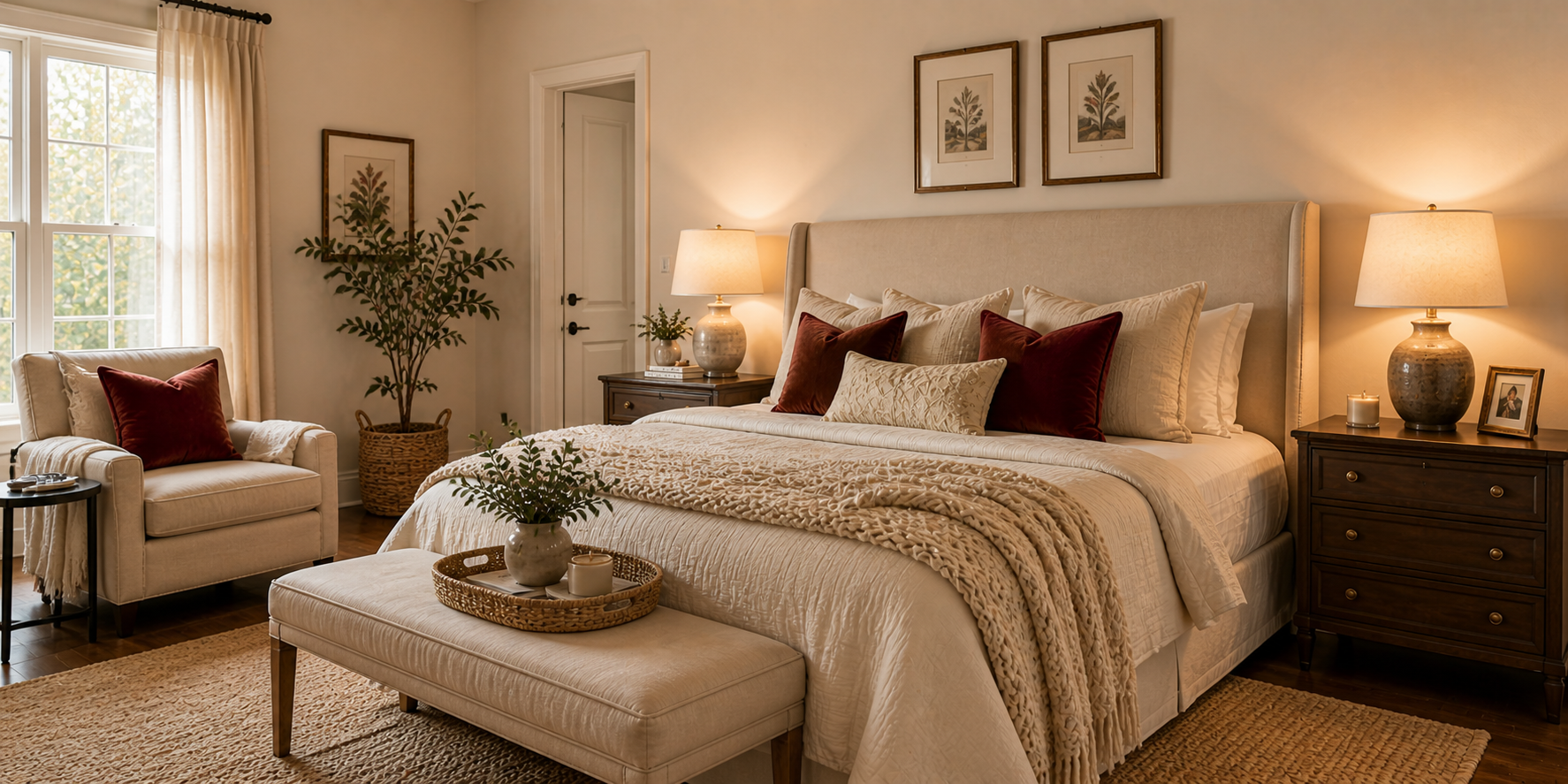 Beige and cream bed with cozy knitted throw and velvet cushions illuminated by warm bedside lamp.