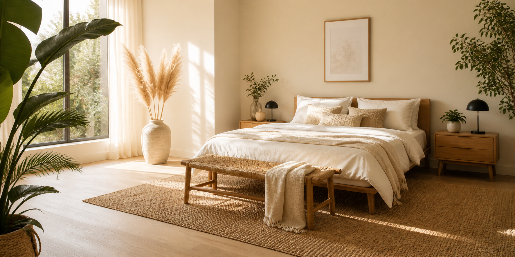 Neutral bedroom with indoor plants, pampas grass in vase, and sunlight highlighting natural textures.