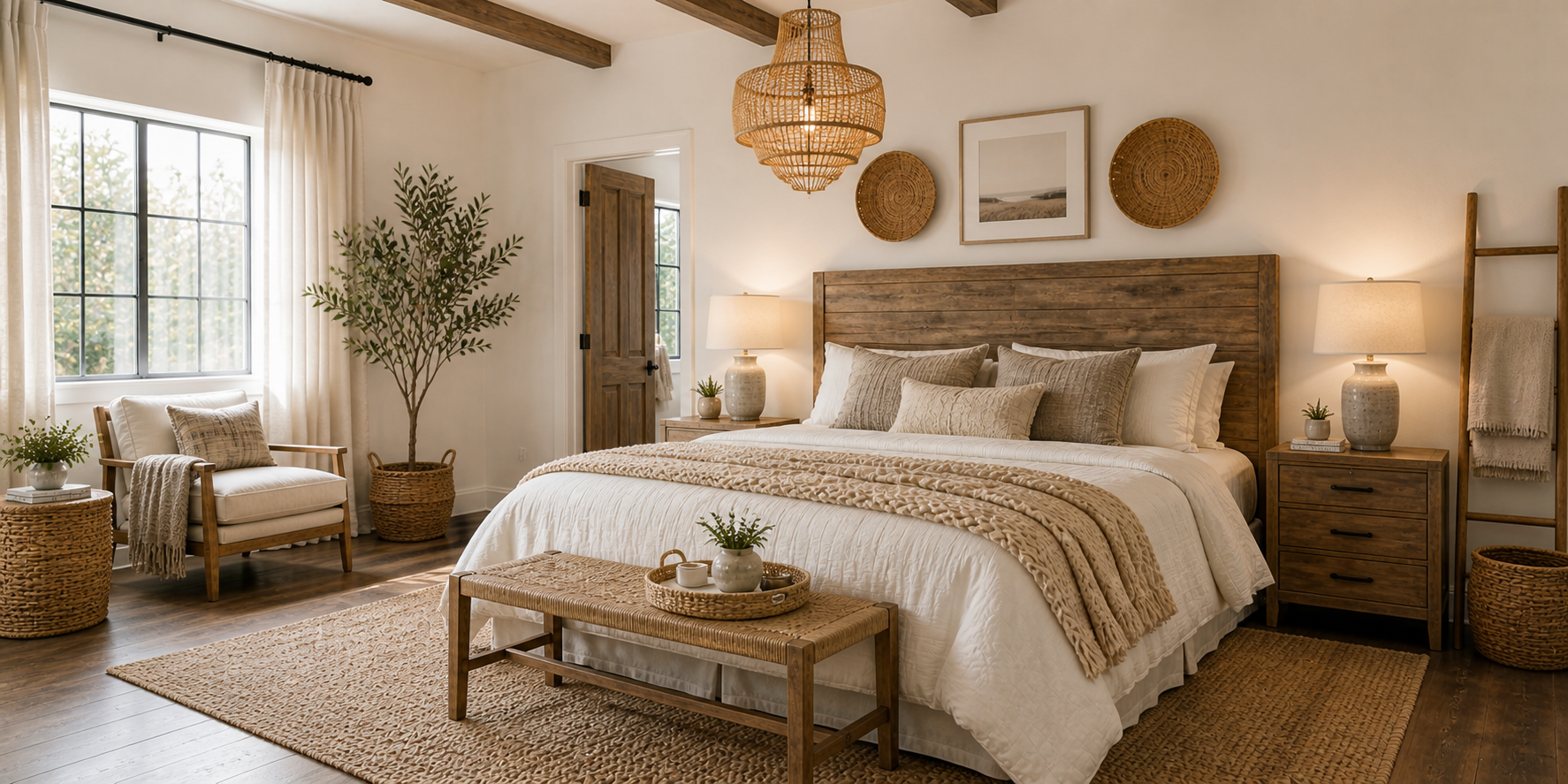 Neutral bedroom mixing modern white walls and rustic wood textures with woven decor.