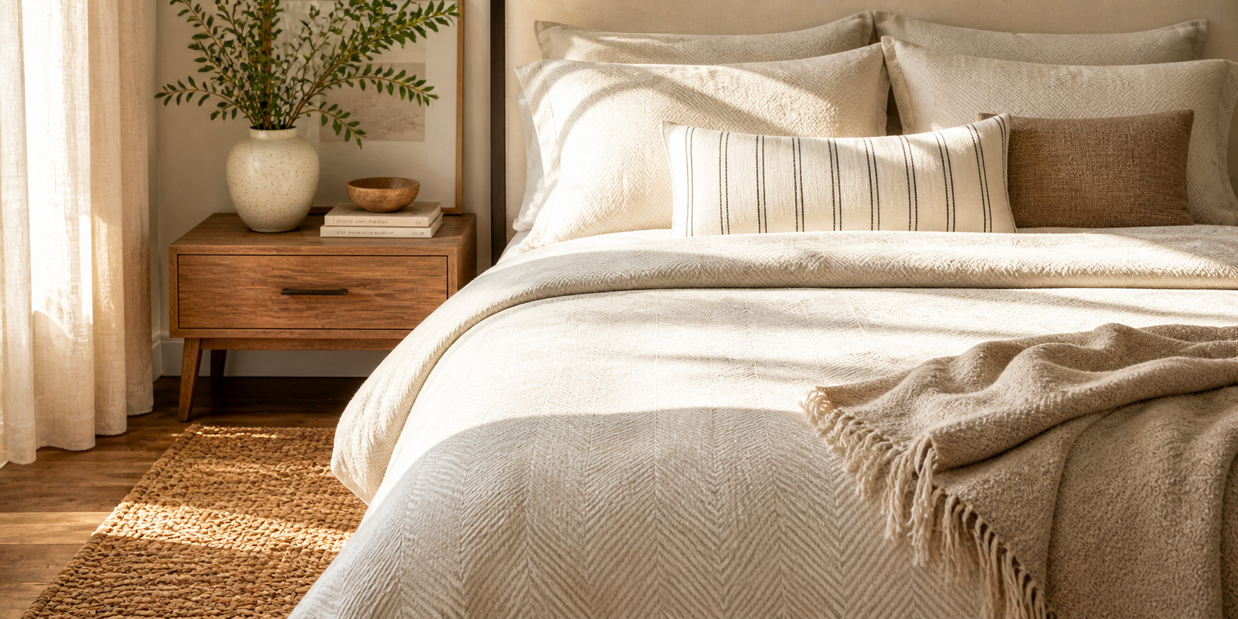 Close-up of neutral bedding featuring soft herringbone patterns, striped pillow, and woven rug beneath natural sunlight.