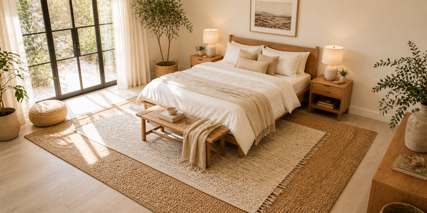 Warm neutral bedroom featuring large layered jute and wool rugs beneath wooden bed, illuminated by natural light.