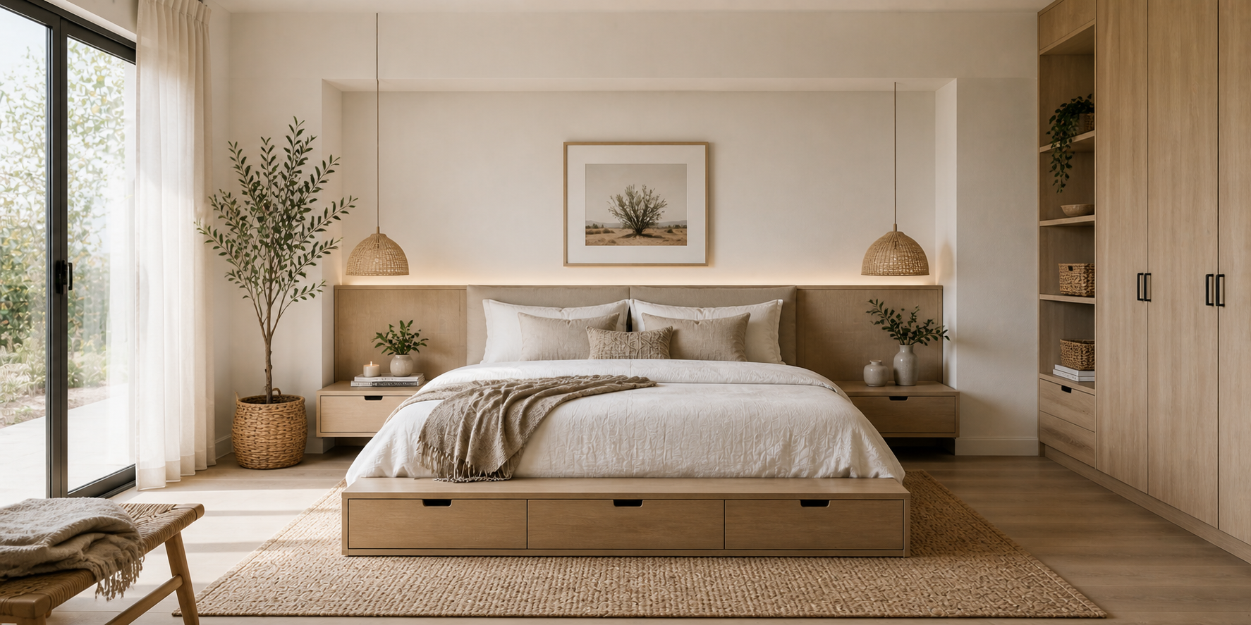 Minimal neutral bedroom with uncluttered surfaces, woven baskets, hidden storage, and calm natural lighting.