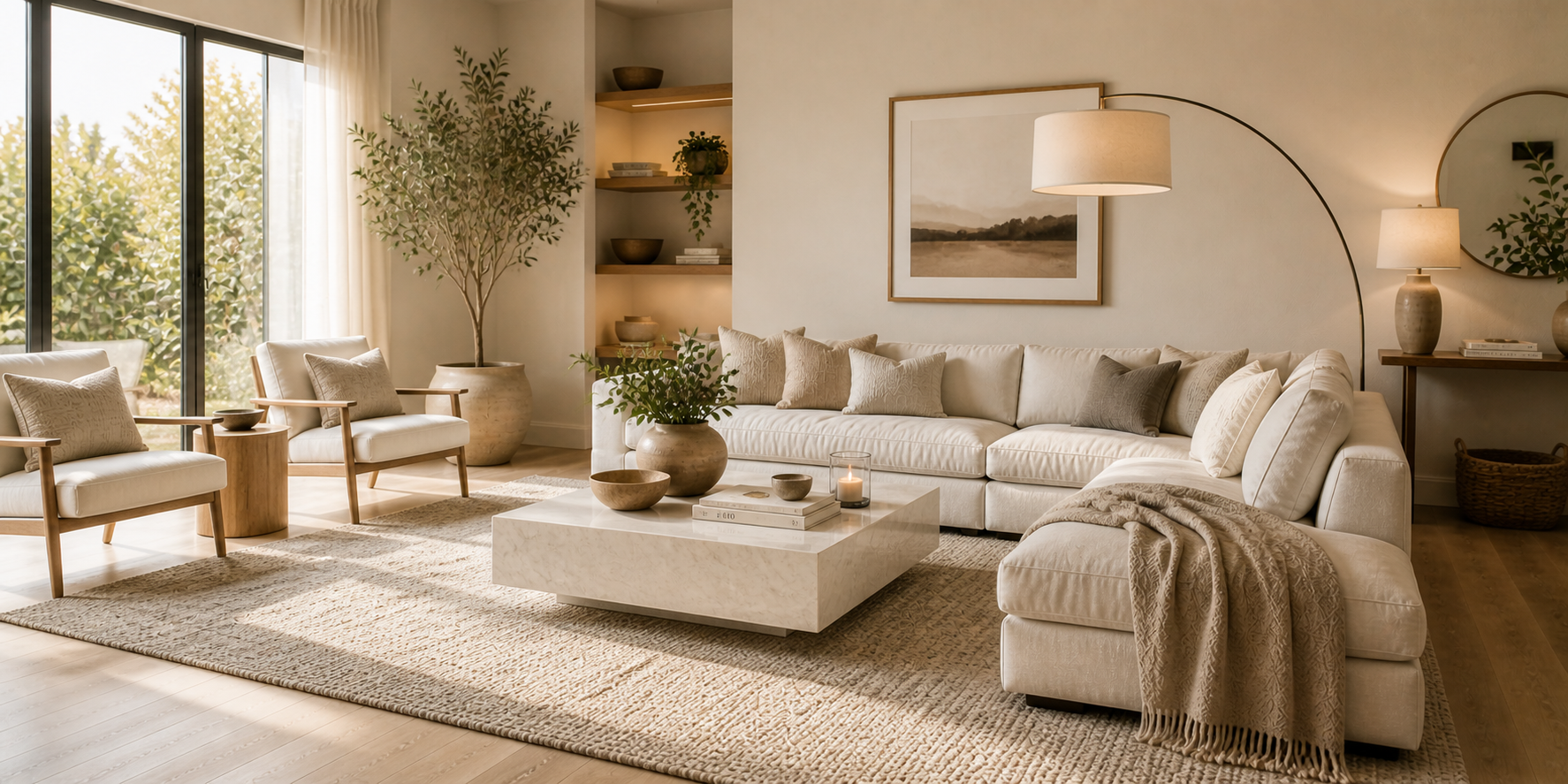 Contemporary neutral living room with layered textures: linen sofa, wool rug, marble table, and soft lighting.