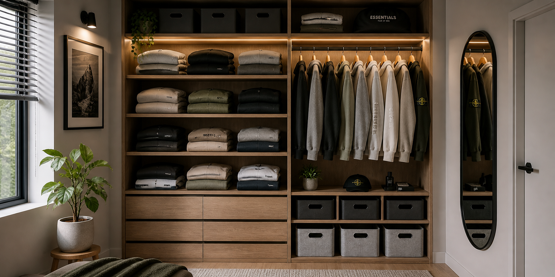 A beautifully organized modern wardrobe with neatly folded hoodies arranged on shelves, hangers, and in storage bins. Warm lighting, neutral tones, and a cozy minimalist vibe highlight texture and structure.