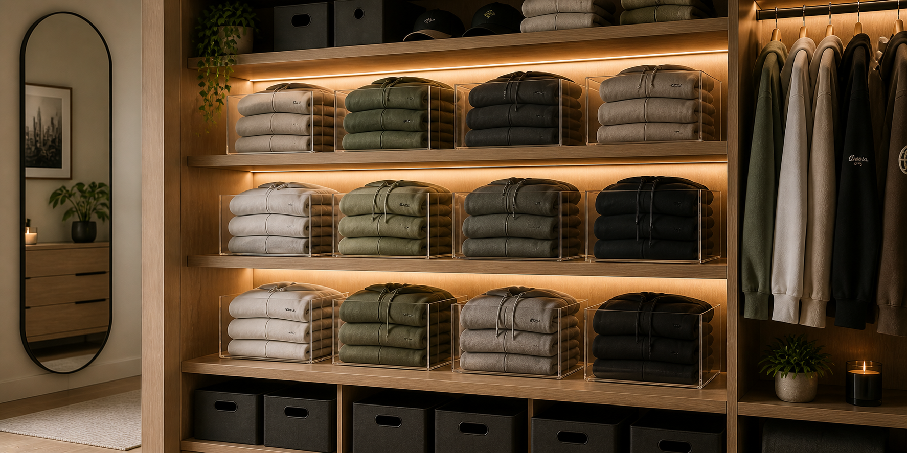Neatly folded hoodies in transparent acrylic bins arranged on wooden shelves, under warm ambient lighting for a modern minimalist closet look.