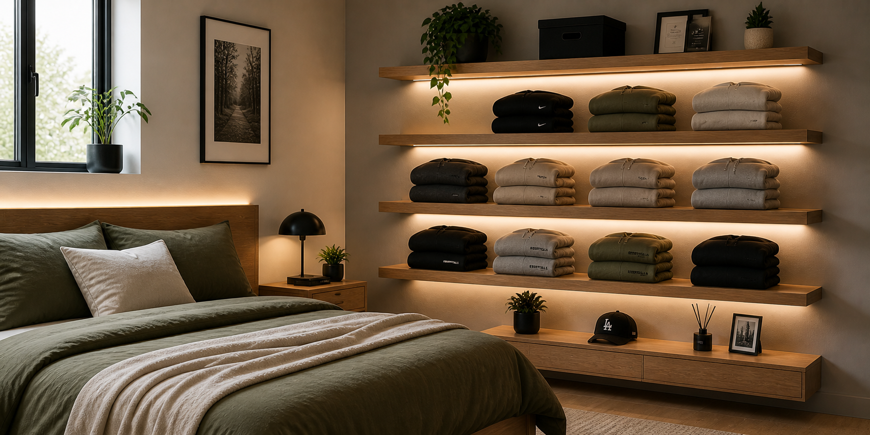Modern bedroom wall with floating wooden shelves displaying folded hoodies, accented by subtle LED lighting and minimalist decor.