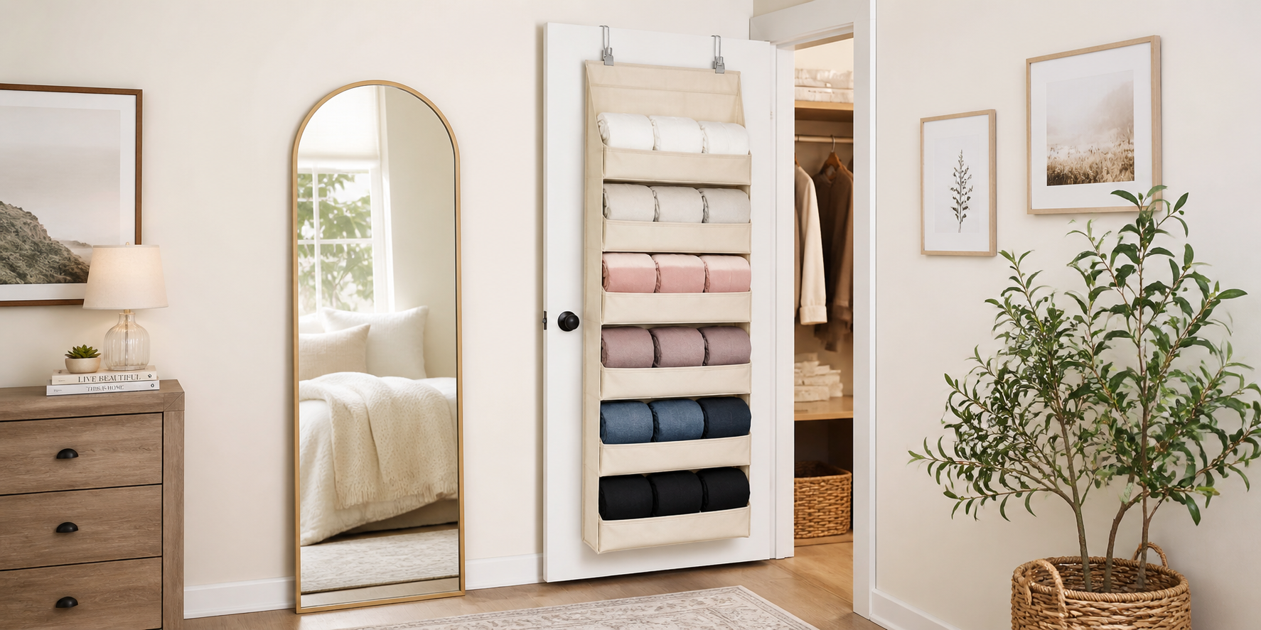 Closet door with a beige over-the-door organizer holding neatly rolled hoodies, surrounded by soft neutral decor.