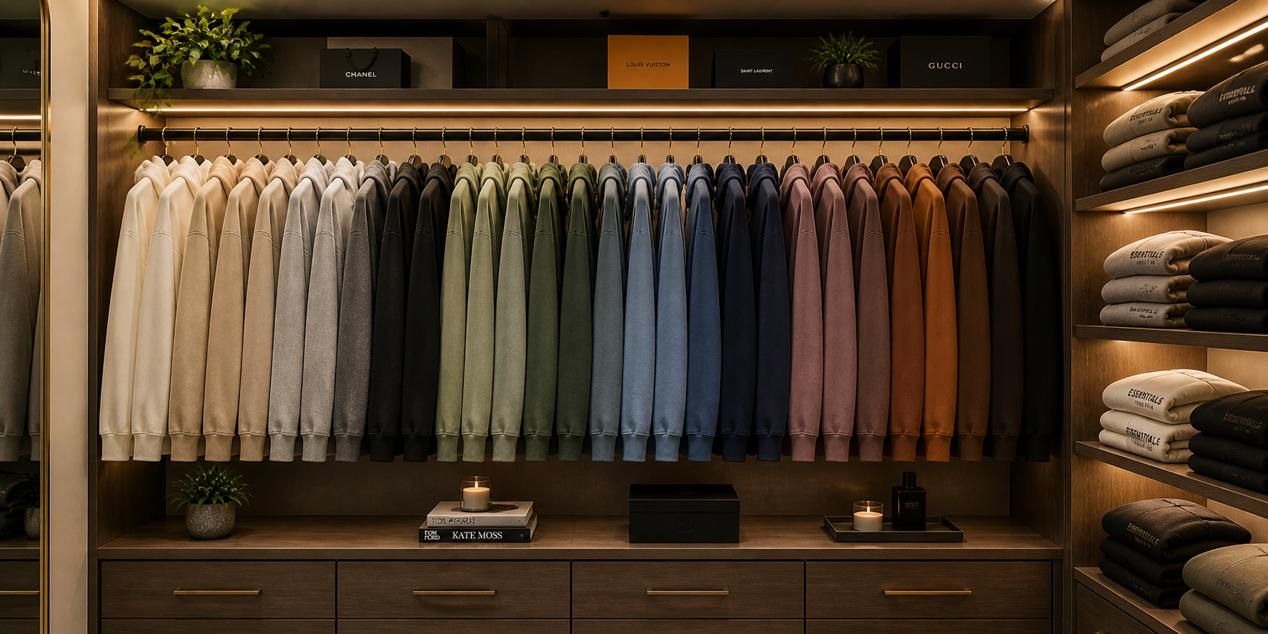 Closet section with velvet hangers displaying hoodies by color gradient, creating a luxurious boutique aesthetic.