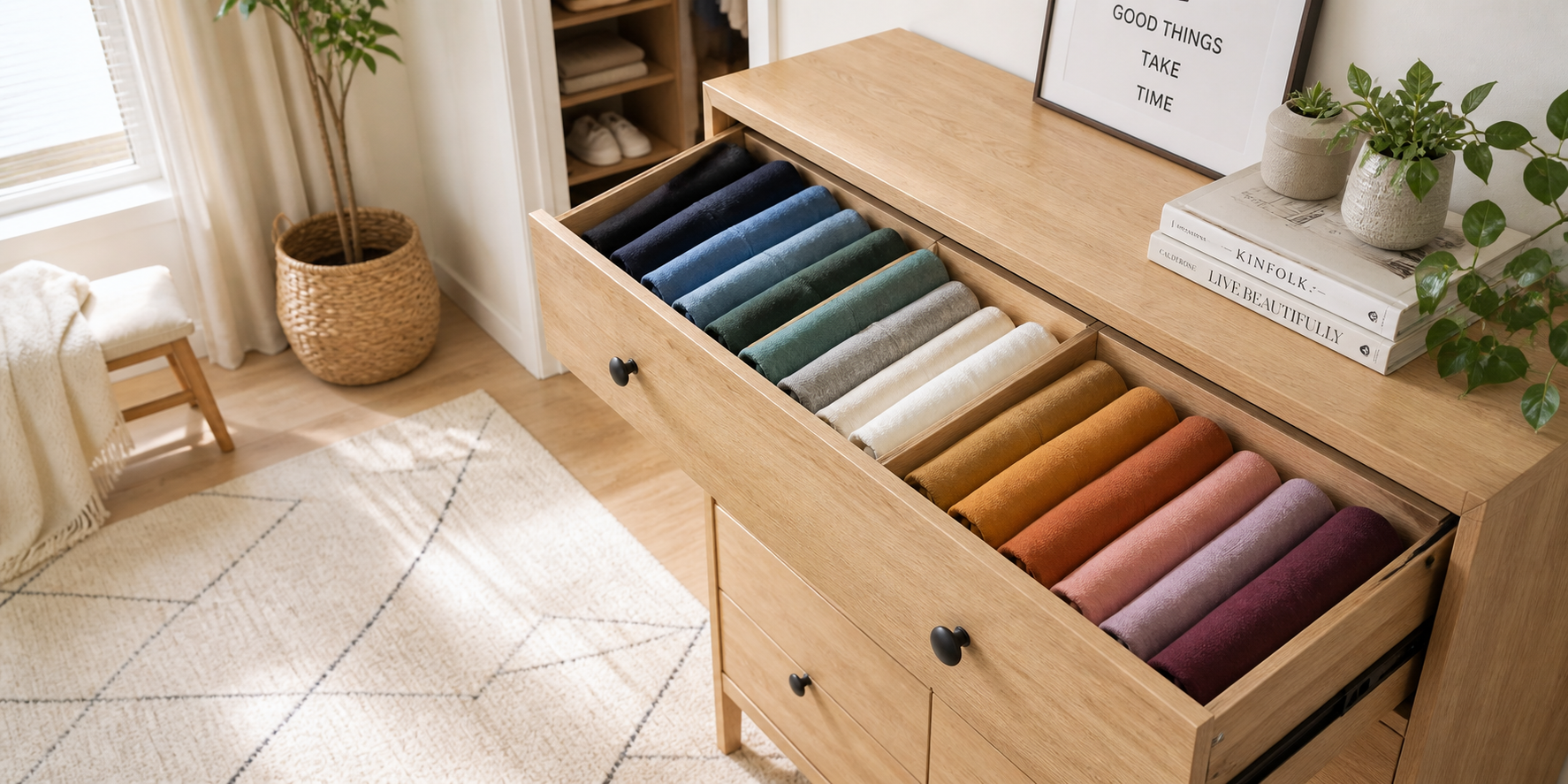 Open drawer with hoodies folded vertically and separated by wooden dividers, showcasing a neat and colorful arrangement.