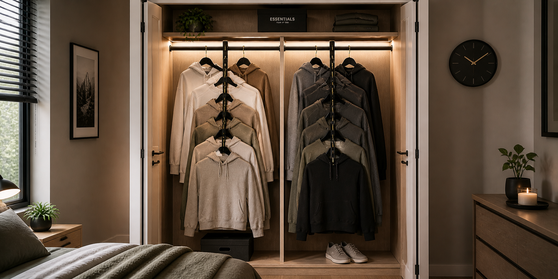 Compact closet showcasing cascading hangers holding hoodies in tiered layers, highlighted by soft motion lighting.