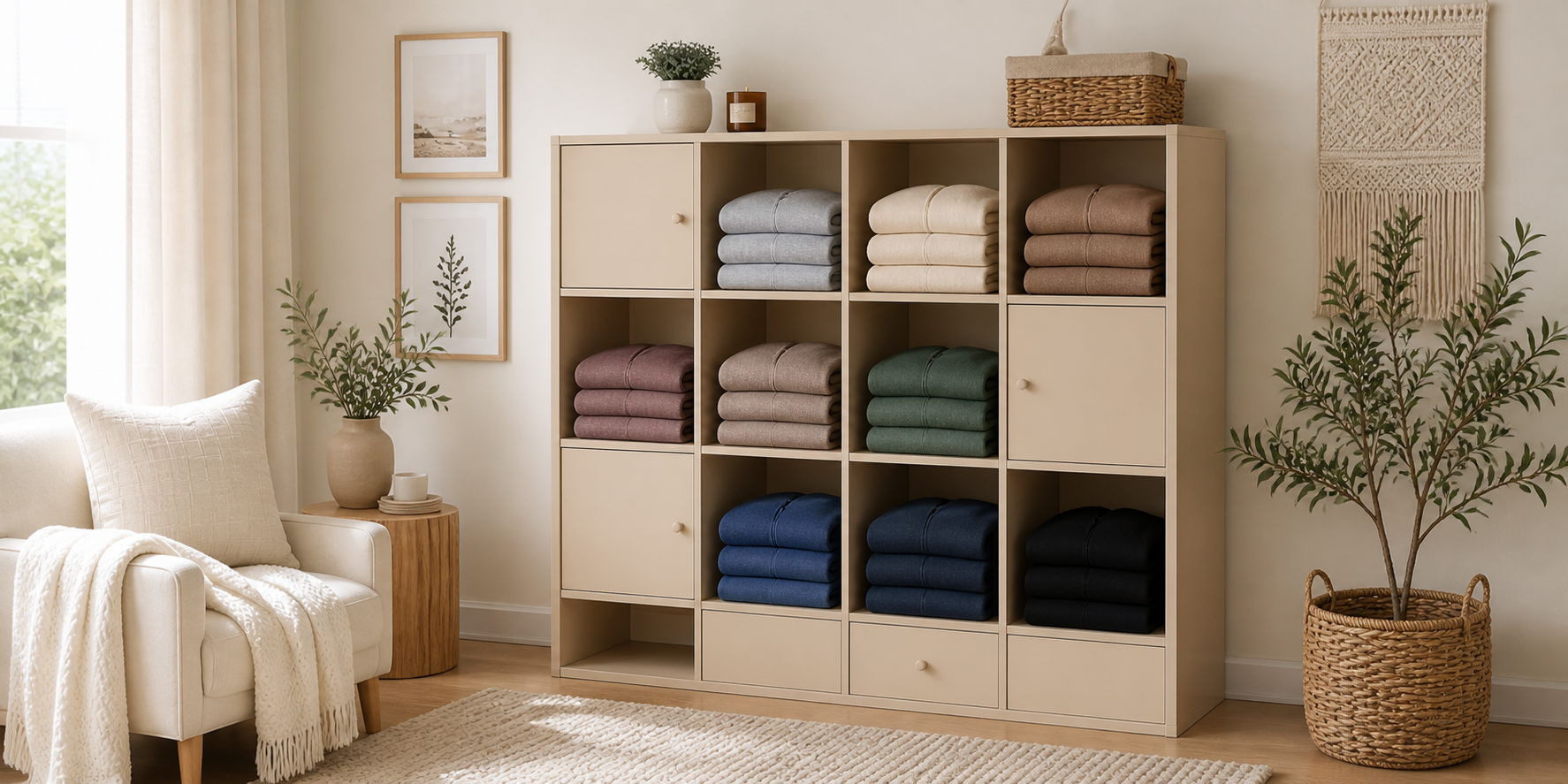Neutral-toned cube shelving system with hoodies folded neatly inside, some cubes open and others closed for visual balance.