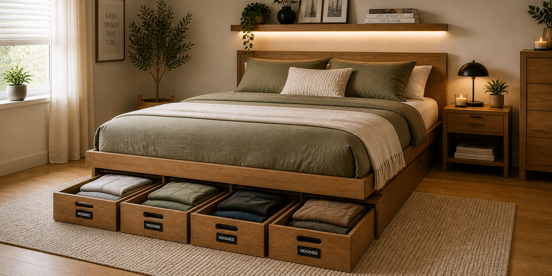 Bedroom with a wooden bed frame and organized under-bed drawers storing folded hoodies in labeled fabric bins.