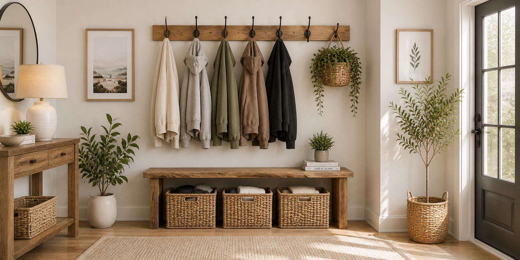 Stylish entryway wall with wooden hooks holding hoodies in neutral tones, paired with small decorative plants and baskets.