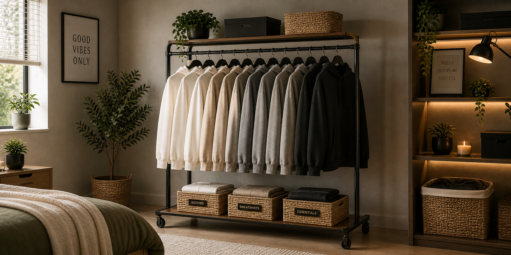 Modern metal rolling clothing rack displaying hoodies in neutral colors, styled with baskets, greenery, and warm accent lighting.