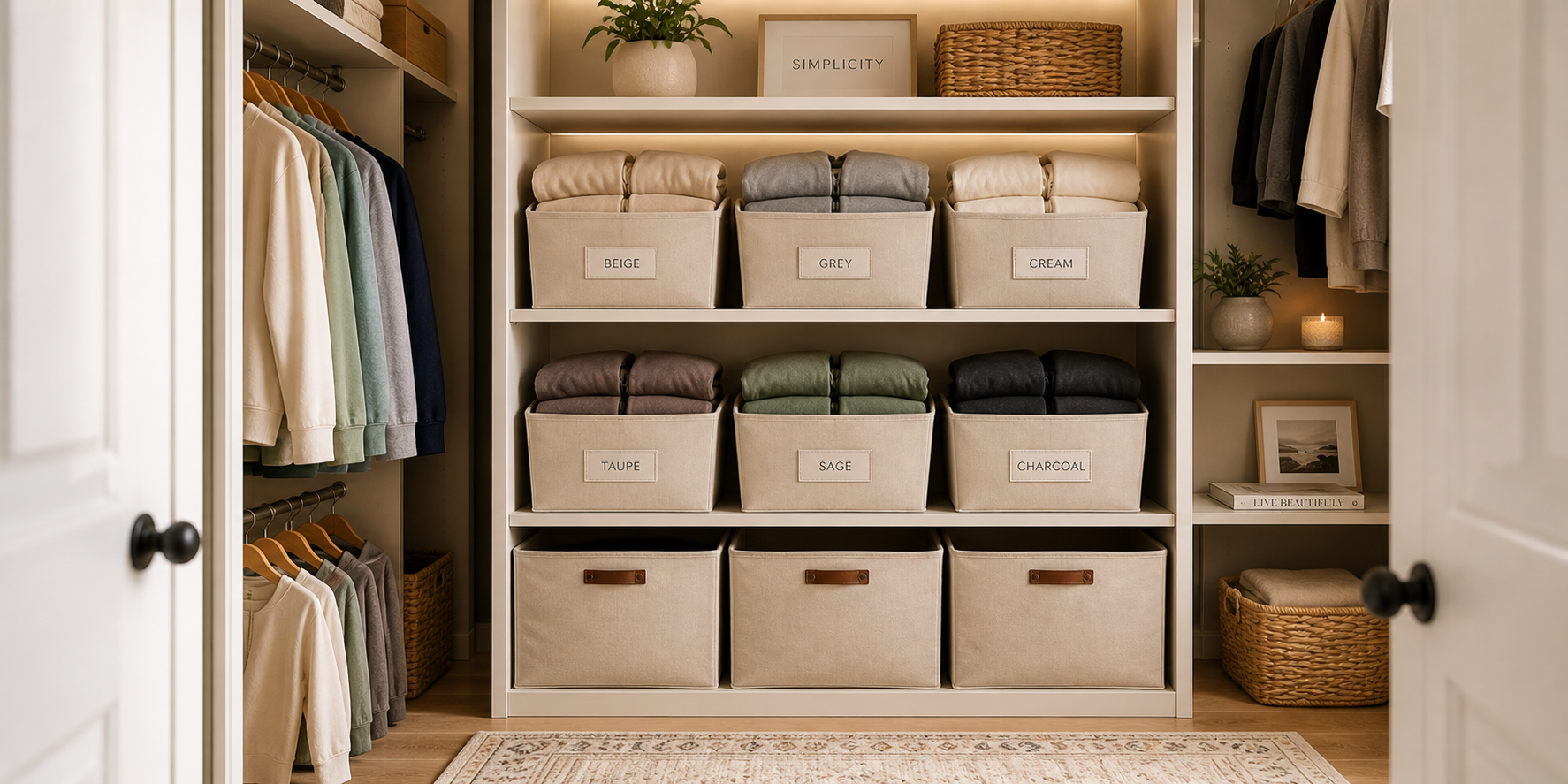 Neutral-toned closet shelves lined with labeled linen fabric bins neatly filled with hoodies, styled with soft ambient lighting.