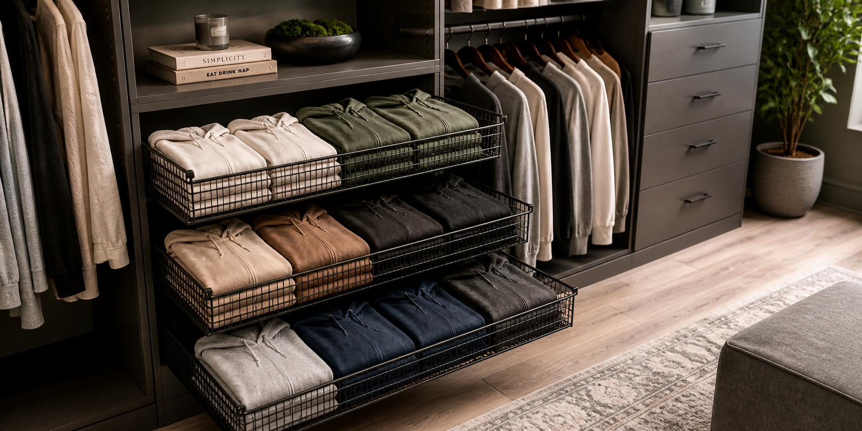 Contemporary closet interior with pull-out wire baskets displaying neatly folded hoodies organized by color and texture